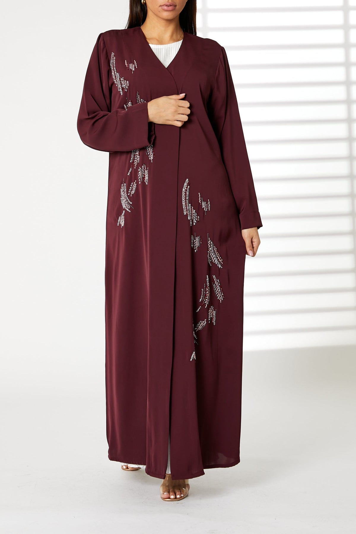 MOiSTREET Maroon Nida Embroidered Open Abaya