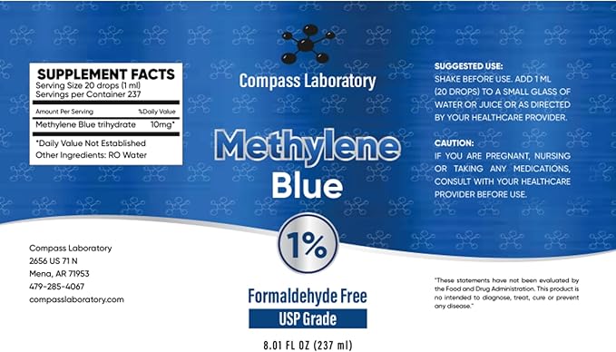 COMPASS LABORATORY Methylene Blue 1% USP-Grade Methylthioninium Chloride Liquid | High Purity Dietary Supplement for Brain Function & Cognitive Health | No Formaldehyde 237ml Glass Bottle