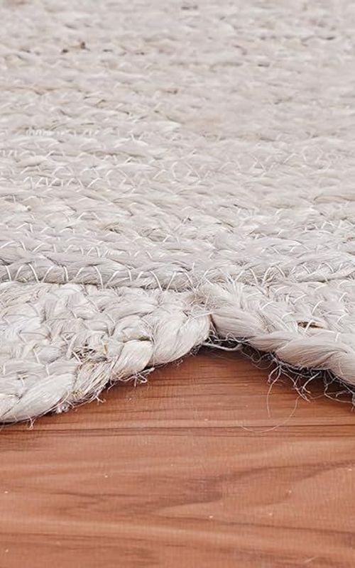 White Round Jute Rug Scalloped Edge Handwoven Carpet | Natural Boho Floor Decor