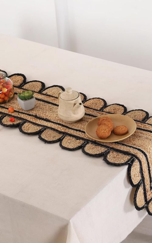 Handmade Eco Friendly Natural Jute Scalloped Black Border Dining Table Runner