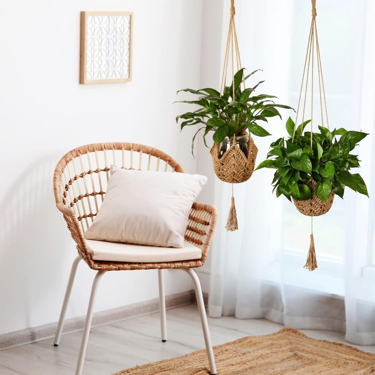 Macrame Plant Hangers Set of 2, Handwoven Cotton and Jute with Tassels, Indoor Hanging Planters for Home Decor, Storage Baskets