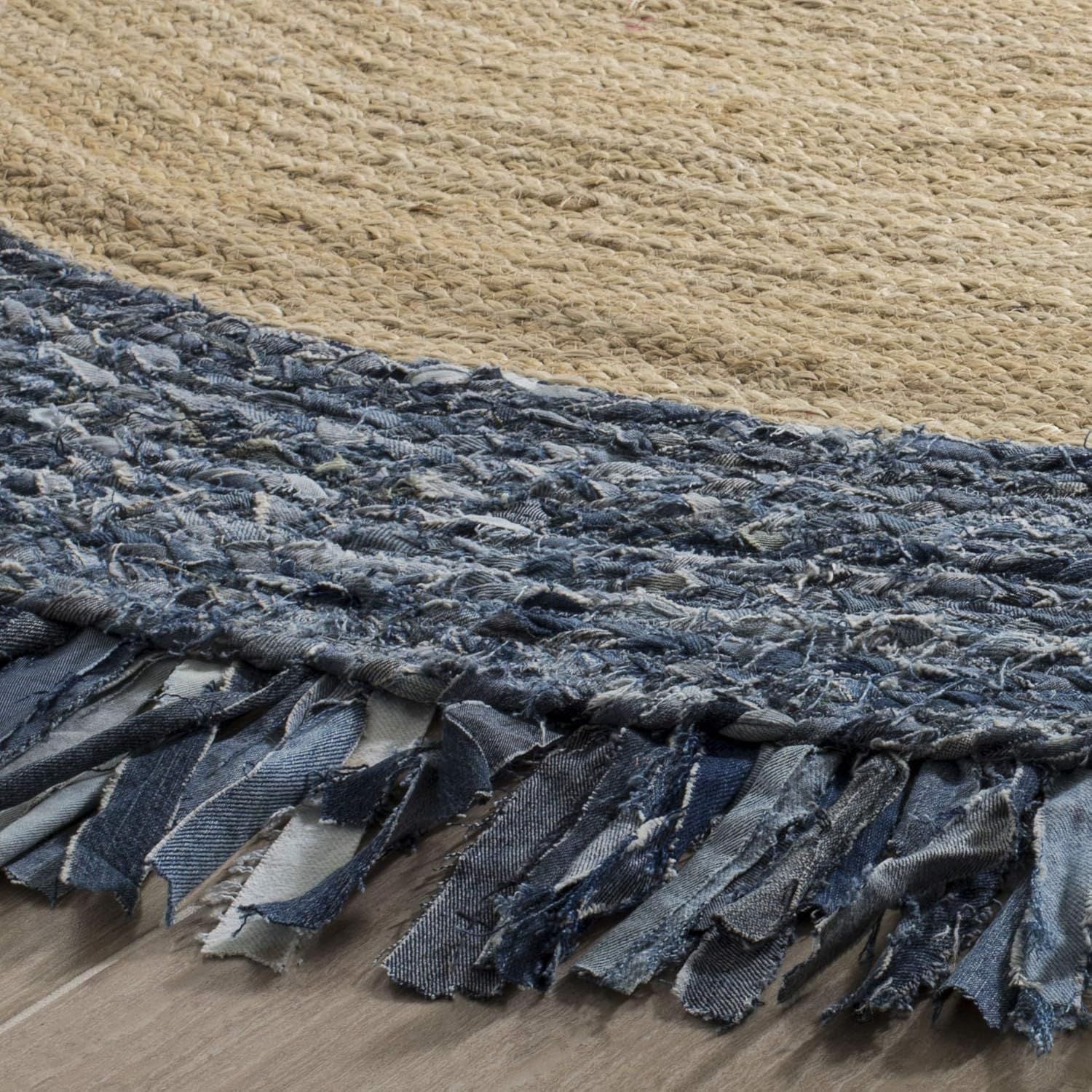 Round Denim & Jute Rug with Fringe | Handwoven Natural Fiber Boho Area Rug