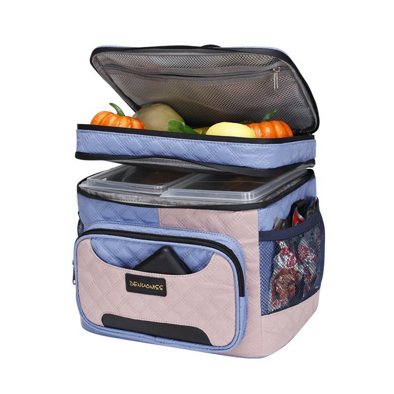 Double Layer Quilted Insulated Lunch Bag with Shoulder Strap