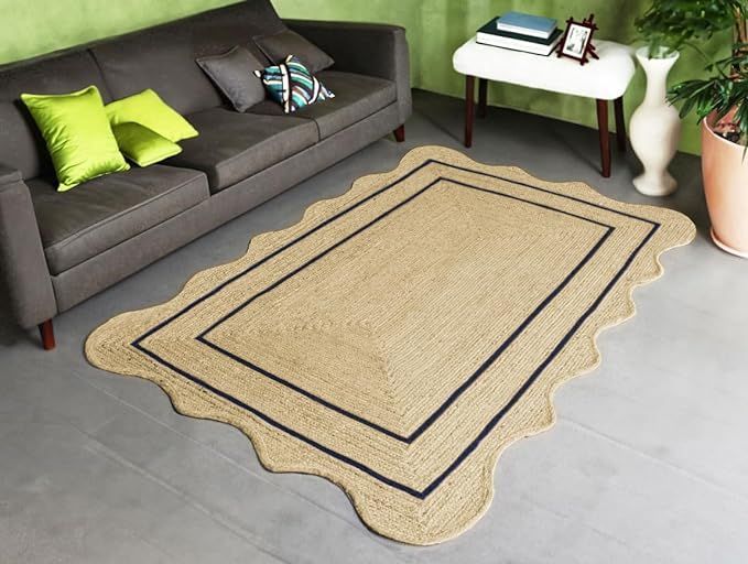 Scalloped Rectangle Jute Rug with Blue Border Lines | Handmade Natural Area & Runner Carpet
