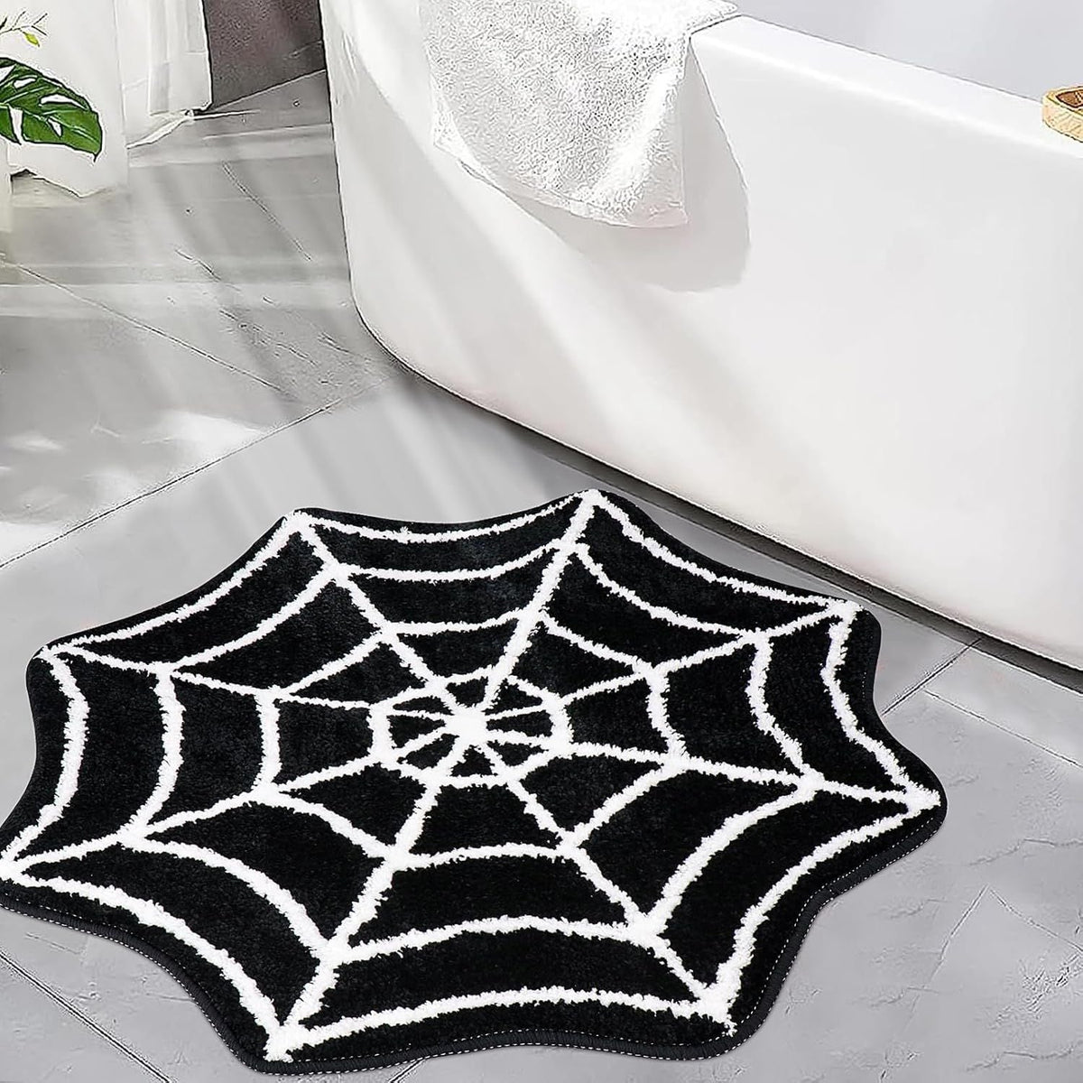 AIESY® Live Beautiful ! Spider Web Bath Mat, Black and White, Non-Slip Halloween Theme Bathroom Rug, Gothic Home Decor (28X28 inch)