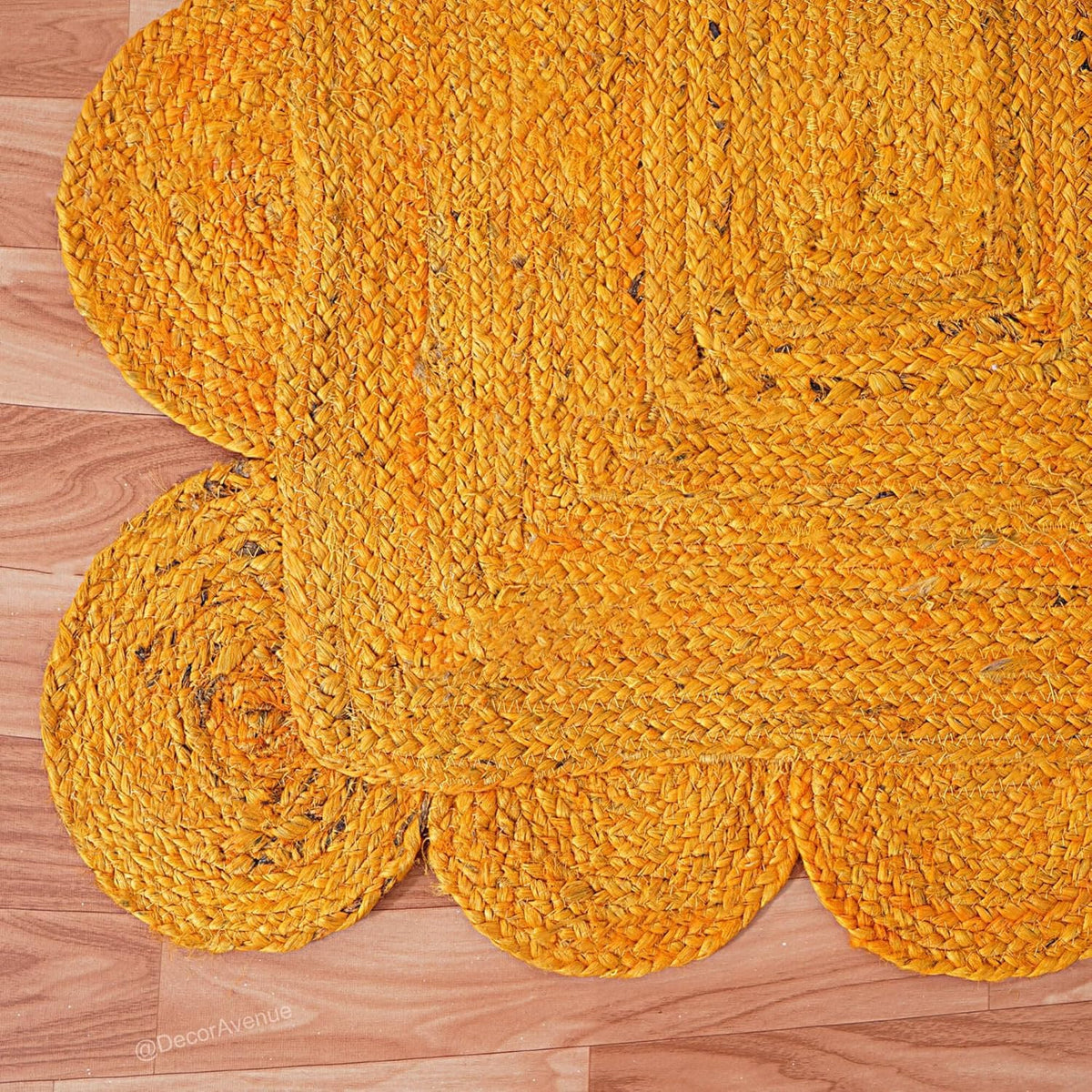 Mustard Yellow Jute Rug Scalloped Edge Handwoven Carpet | Boho Round Floor Mat