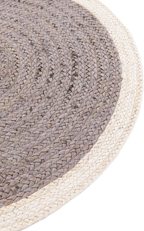 Modern Grey Round Area Rug with White Border | Handwoven Minimalist Round Carpet