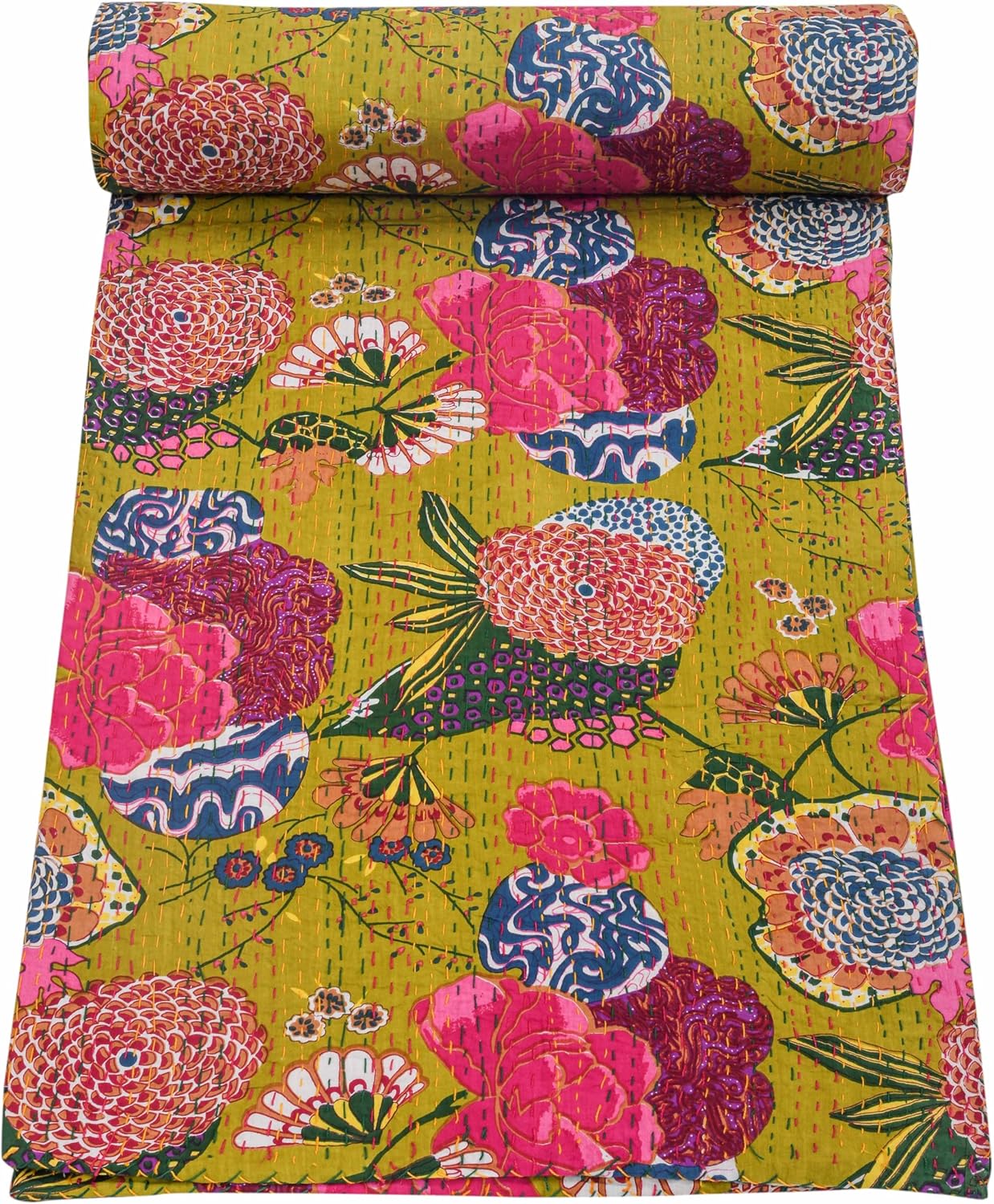 Mehndi Green Kantha Quilt Cotton Bedspread | Handmade Floral Indian Bedding