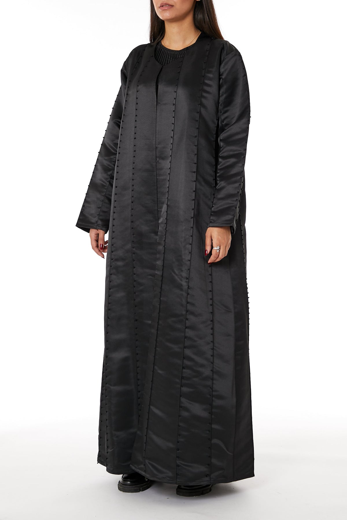 MOiSTREET Black Bridal Satin Abaya with Black Thread Work