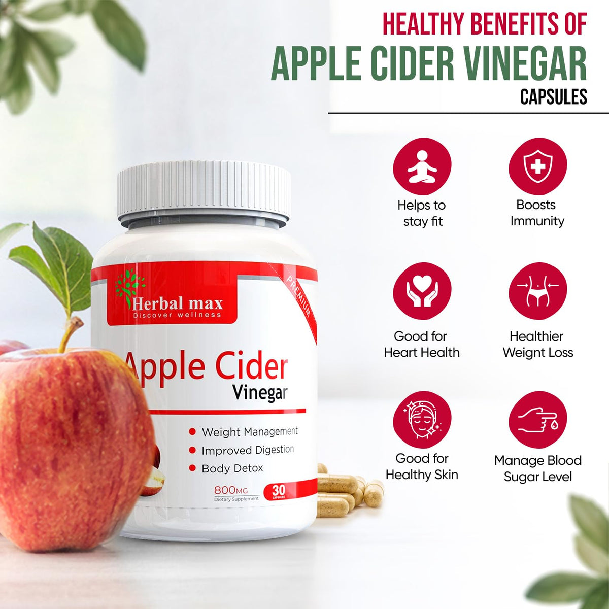 Herbal max Organics Apple Cider Vinegar, 30 Veg Capsules (800mg)