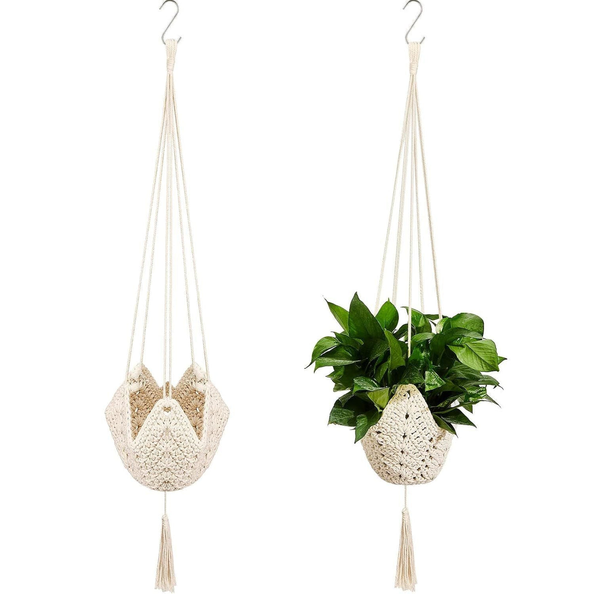 Macrame Plant Hangers Set of 2, Handwoven Cotton and Jute with Tassels, Indoor Hanging Planters for Home Decor, Storage Baskets