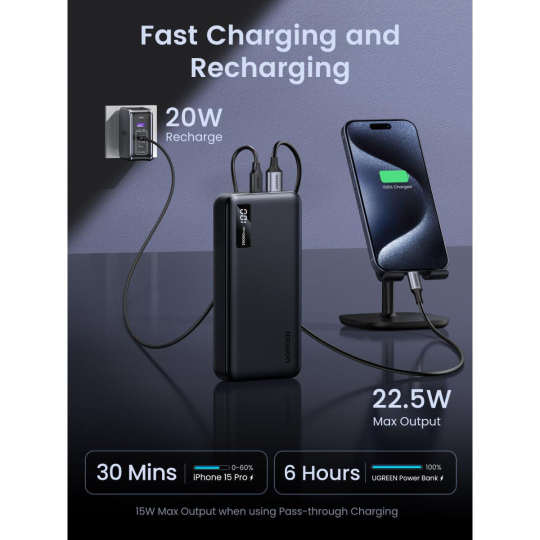 UGREEN PB312 20000mAh 20W Fast Charging Power Bank with USB-C and Dual USB-A Ports