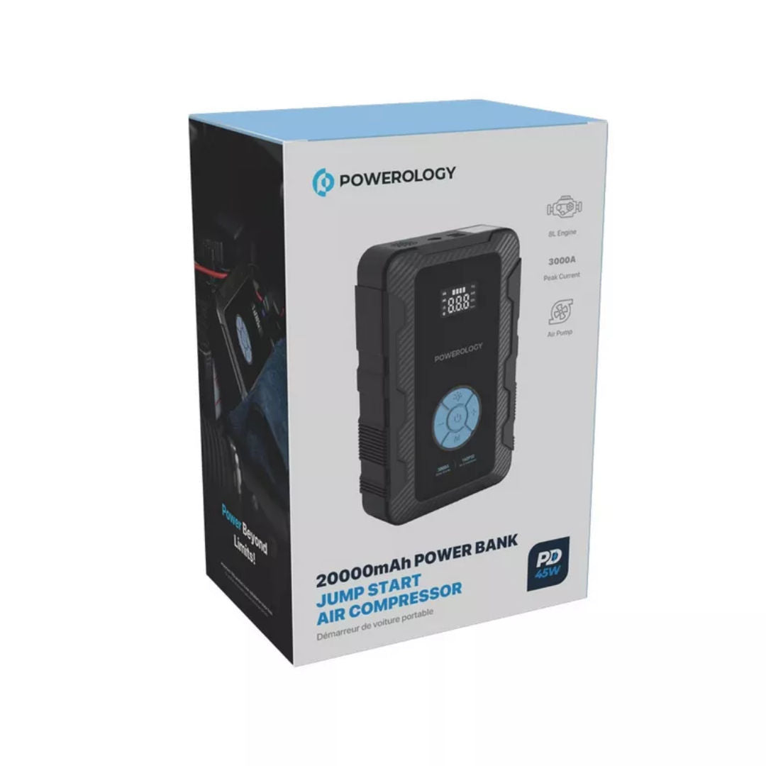 Powerology 20000mAh Power Bank Jump Starter with Air Compressor, 3000A Peak, 45W PD & 160PSI Inflator