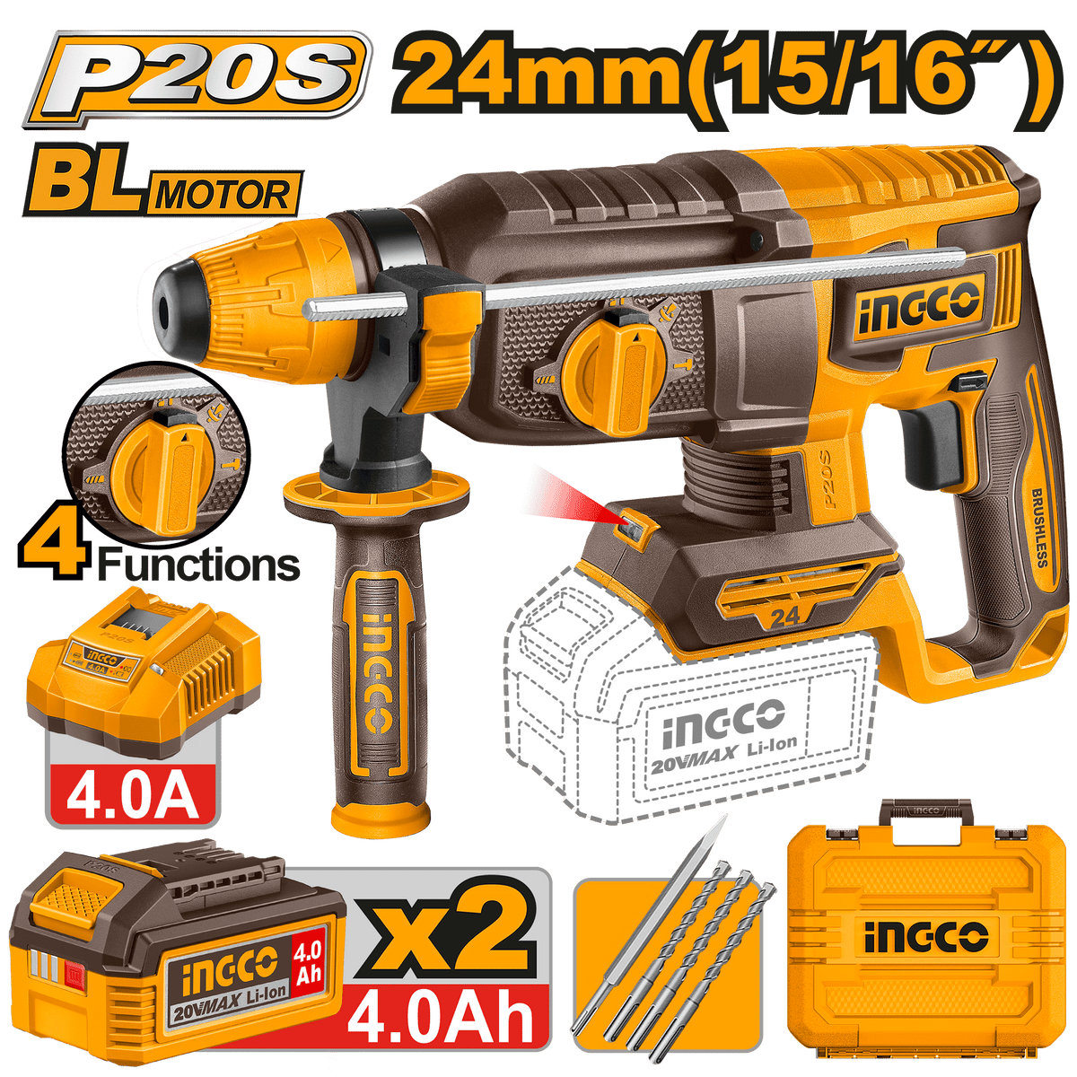 INGCO Cordless Rotary Hammer Drill 24mm SDS Plus 20V