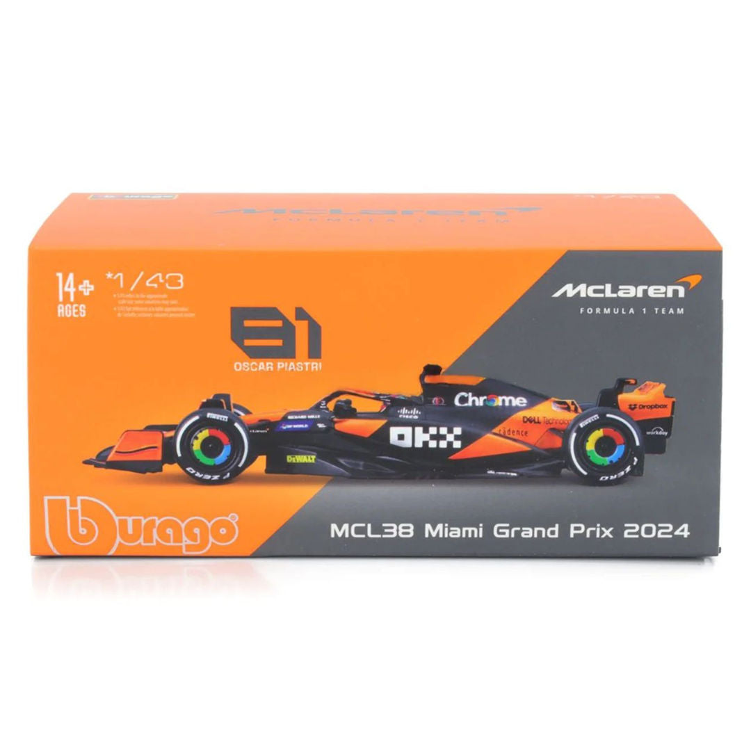 Bburago F1 Miami Grand Prix 2024, McLaren MCL38 #81, Piastri Die-Cast Car, 1:24, Orange/Black