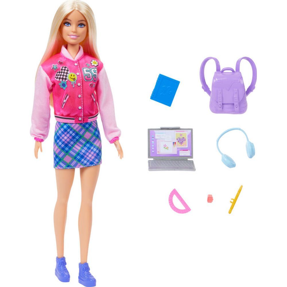 Barbie I Love School Doll & Accessories Set, 7 Pieces with Backpack, Laptop & Removable Outfit, 33.2cm