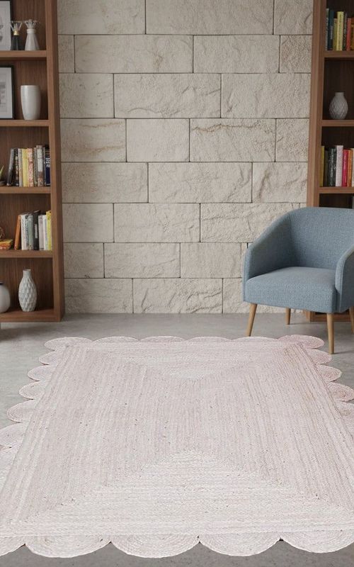 White Rectangular Jute Rug Scalloped Edge Handwoven Carpet | Natural Boho Floor Rug