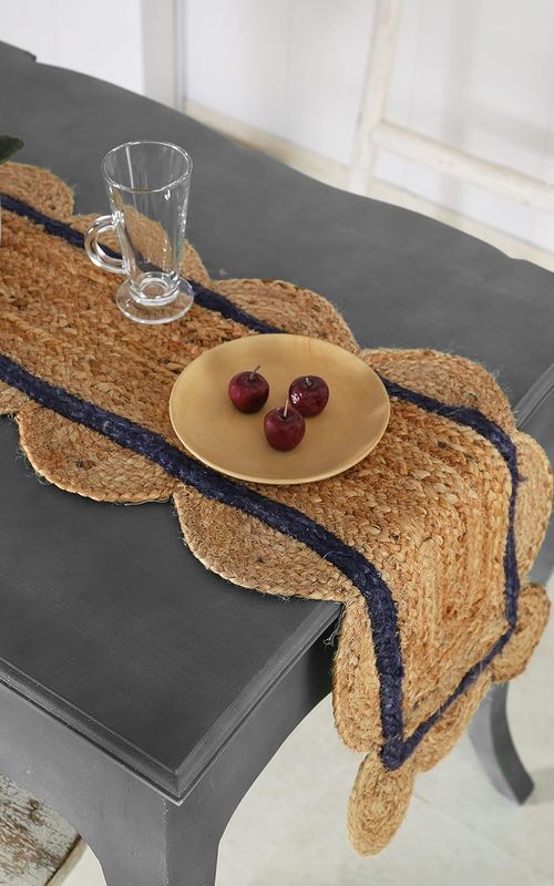 Indian Handmade Scalloped Natural Jute With Blue Border Dining Table Runner