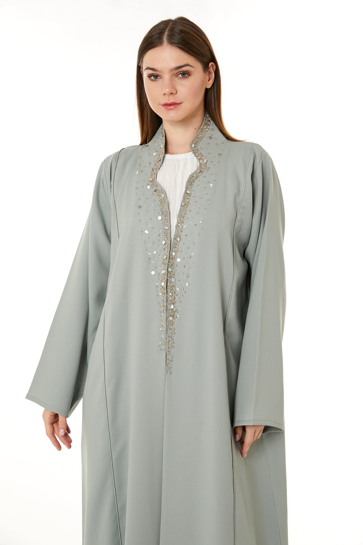 MOiSTREET Grey Indonesian Crepe Hand Embellished Abaya