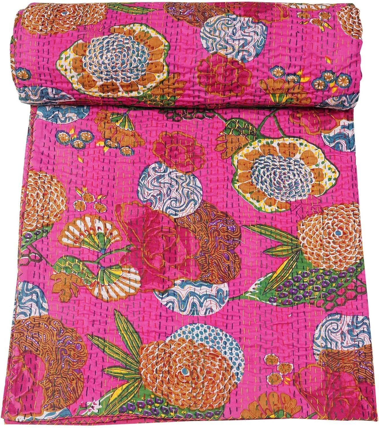 Pink Handmade Kantha Quilt Cotton Bedspread | Floral Printed Indian Quilt for Bedroom