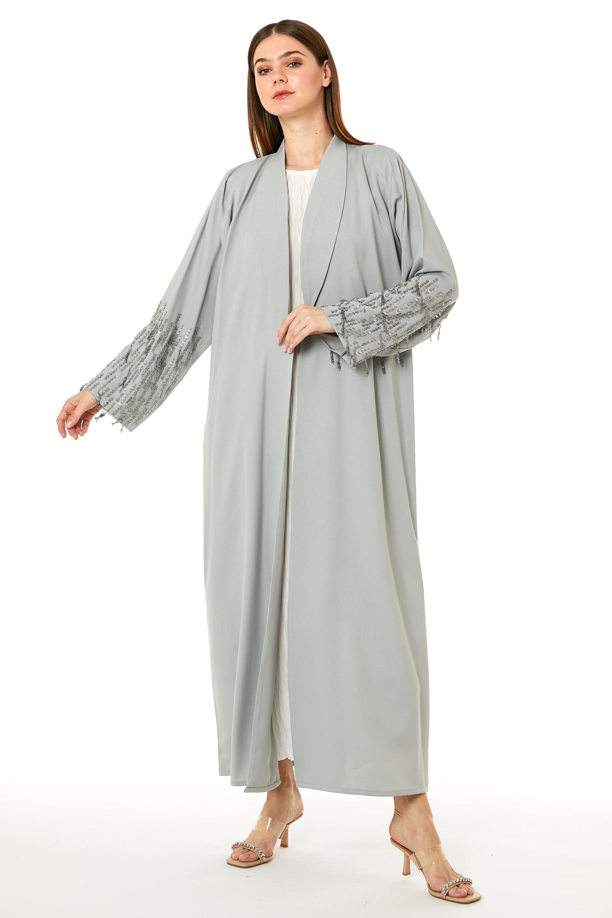 MOiSTREET Grey Korean Nida Hand Embellished Abaya