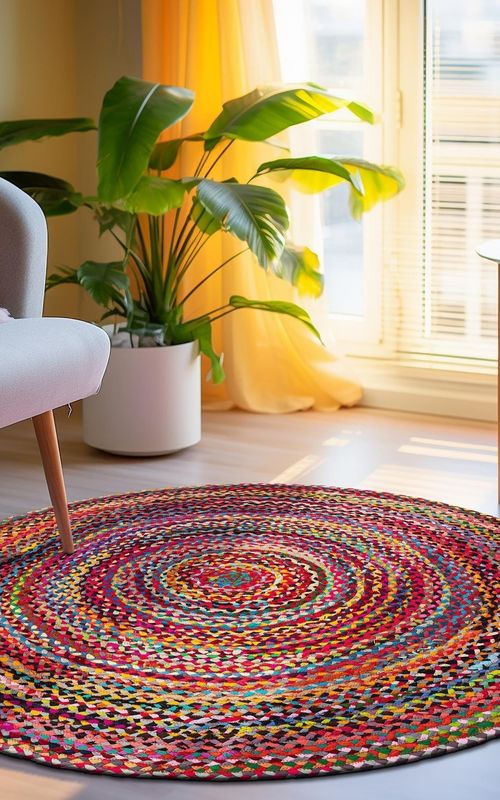 Handmade Multi-Color Round Braided Cotton Area Rug | Bohemian Floor Carpet Round Rug