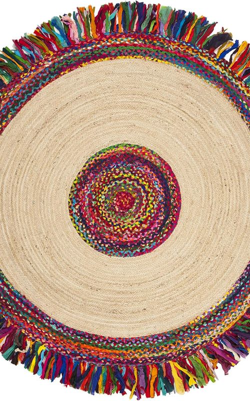 Multicolor Round Jute Rug with Tassel Fringe | Handmade Boho Area Rug