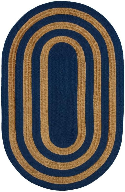 Blue & Natural Oval Jute Rug | Handwoven Striped Area Carpet for Living Room