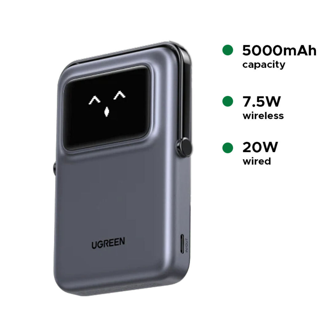 UGREEN PB571 Uno 5000mAh Magnetic Wireless Power Bank with Stand and TFT Display - Makasib Offer