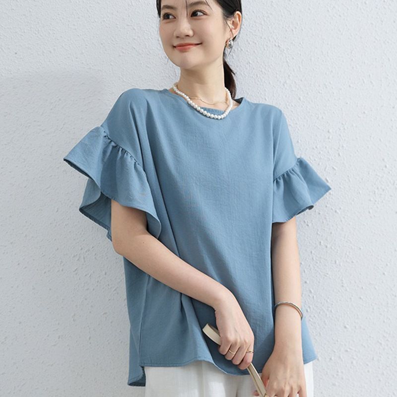 Flared Sleeve Cotton Linen Round Neck Short Sleeve Top For Women