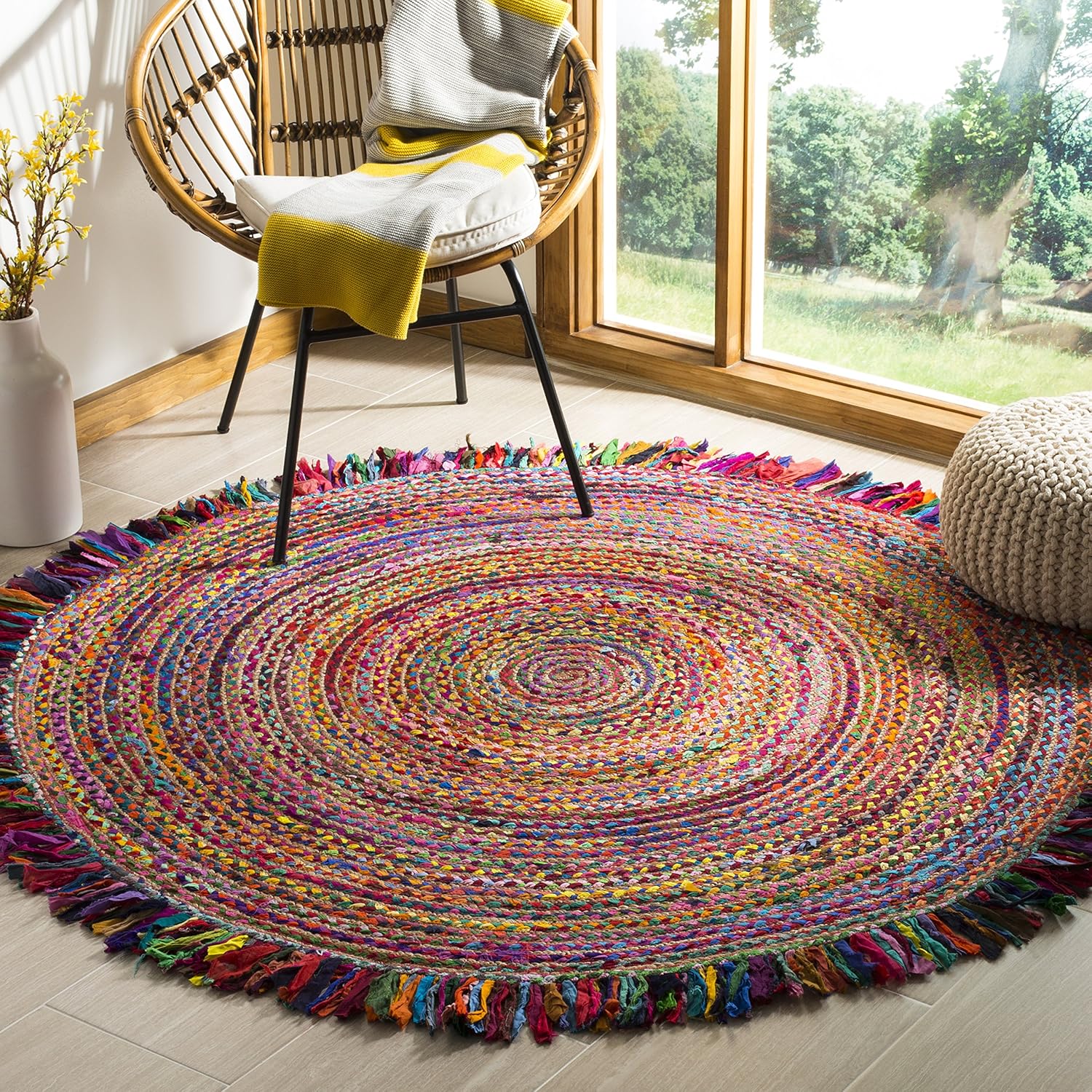 Multicolor Round Jute Cotton Rug with Tassels | Handmade Boho Fringe Area Rug
