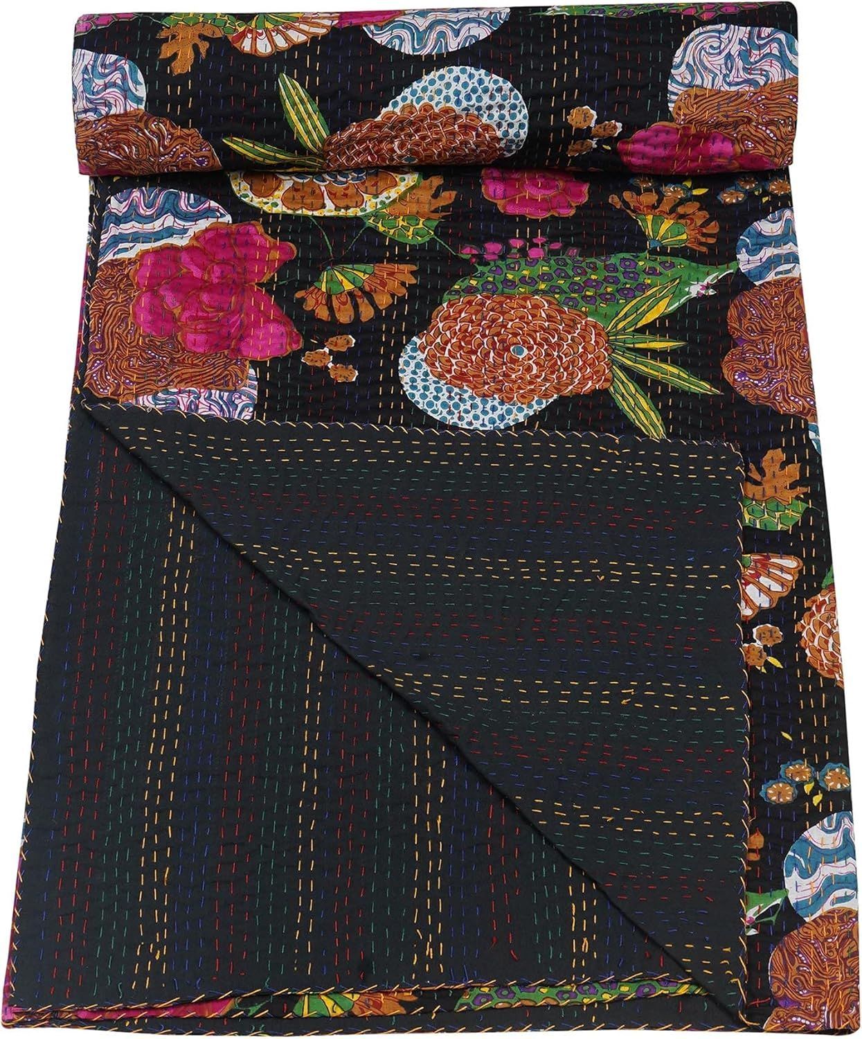Black Floral Kantha Quilt – Handmade Cotton Blanket, Reversible Indian Kantha Bedspread, Lightweight Throw