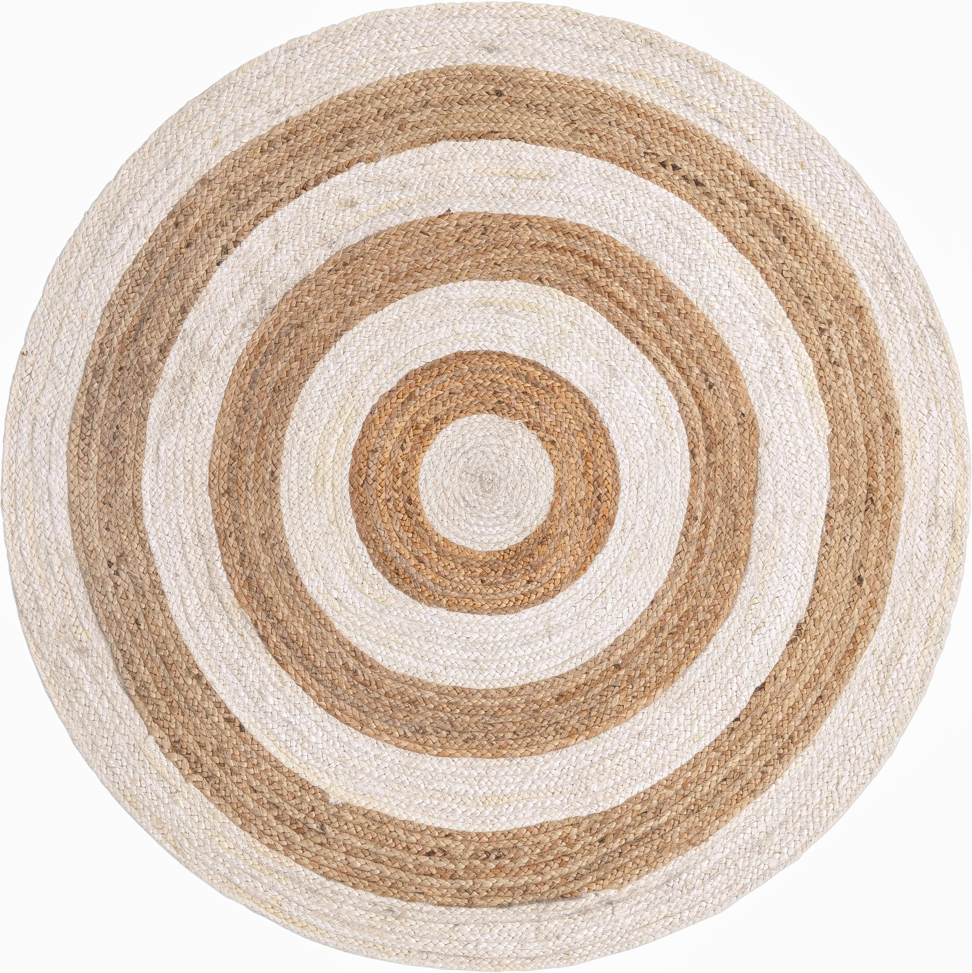Handwoven Round Jute Area Rug with Contrast Rings | Natural & Blue Coastal Farmhouse Area Rug