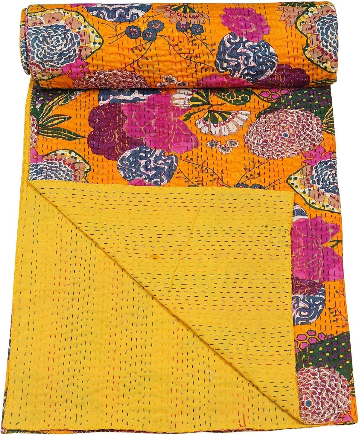 Yellow Kantha Bedcover – Handmade Floral Cotton Quilt | Boho Vintage Bedspread