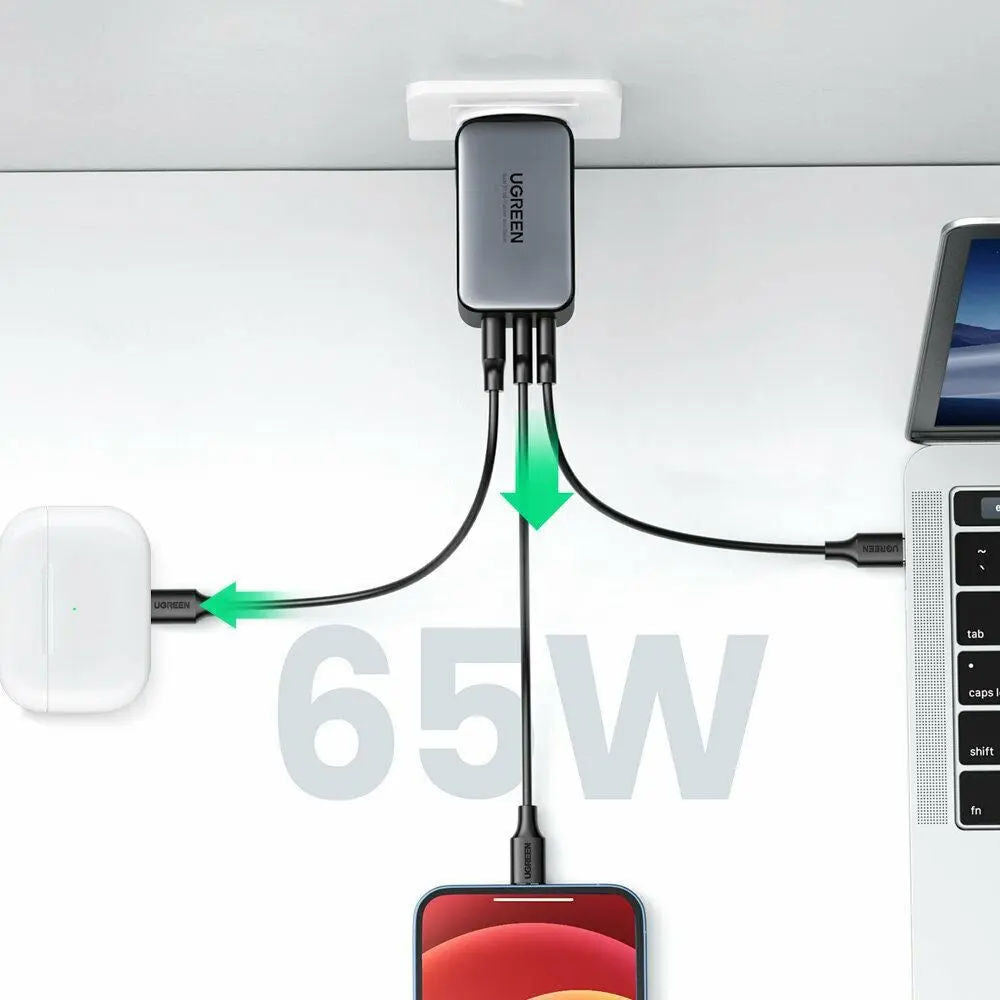 UGREEN CD244 65W GaN II Fast Charger with 2 USB-C and 1 USB-A Ports, EU Plug, Gray