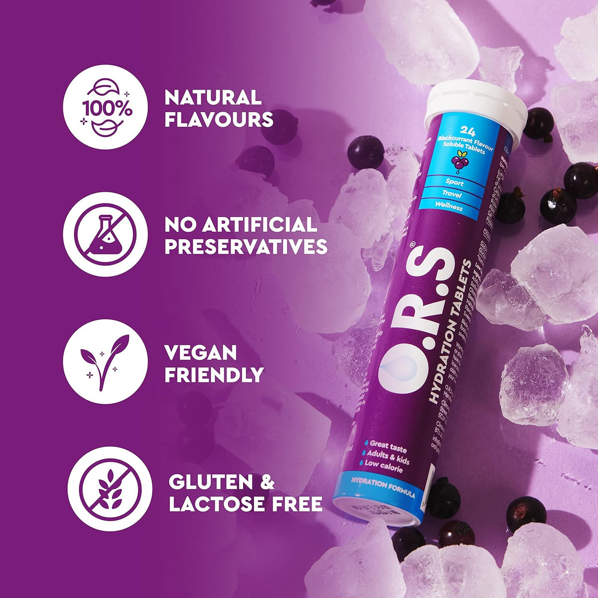 O.R.S Hydration Tablets with Electrolytes, Vegan, Gluten and Lactose Free Formula – Natural Blackcurrant Flavour, 96 Tablets (Pack of 4 x 24)