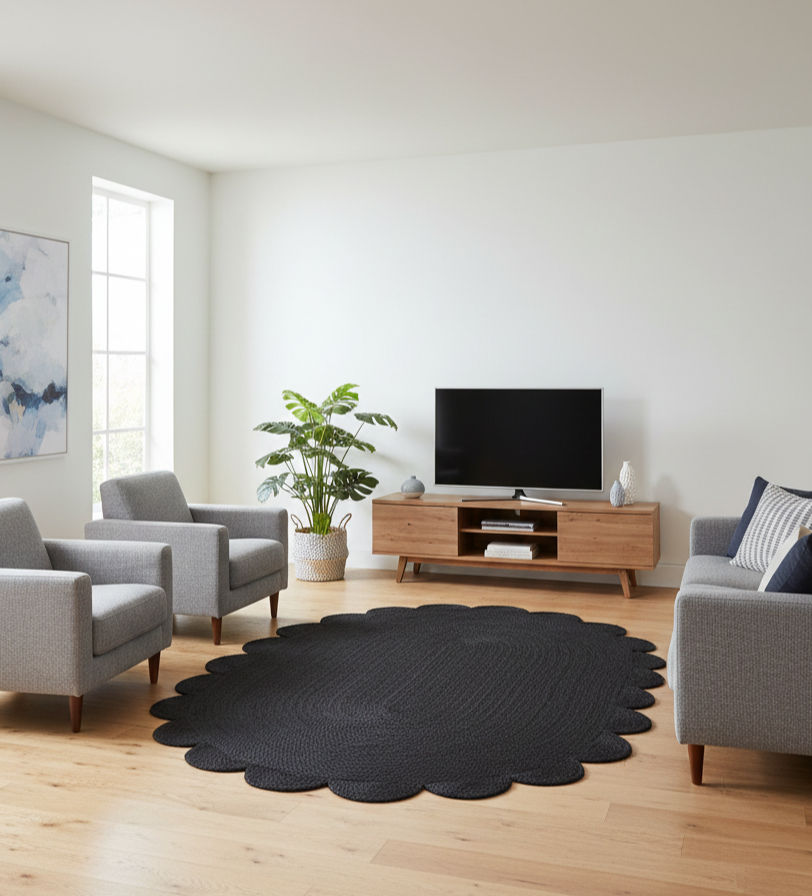 Black Oval Jute Rug Scalloped Edge Handwoven Carpet | Modern Boho Floor Mat