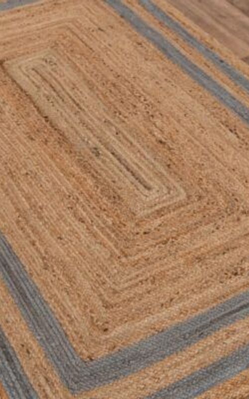 Rectangular Jute Rug with Grey Border | Handwoven Natural Area Carpet