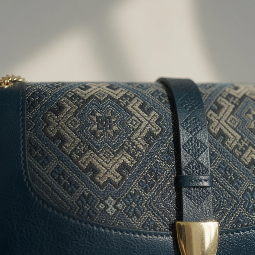 Jamila Designer Midnight Ikat Heritage Flap Bag  Deep Teal, Navy