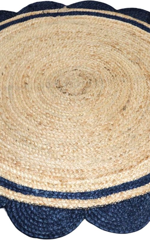 Handmade Natural Jute Round Area Rug with Blue Scalloped Border | Boho Coastal Floor Carpet for Living Room & Bedroom