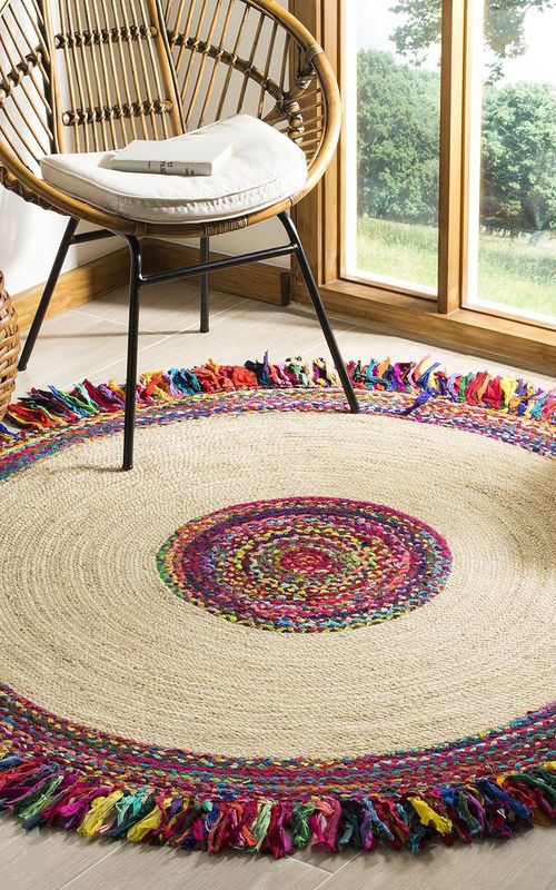 Multicolor Round Jute Rug with Tassel Fringe | Handmade Boho Area Rug