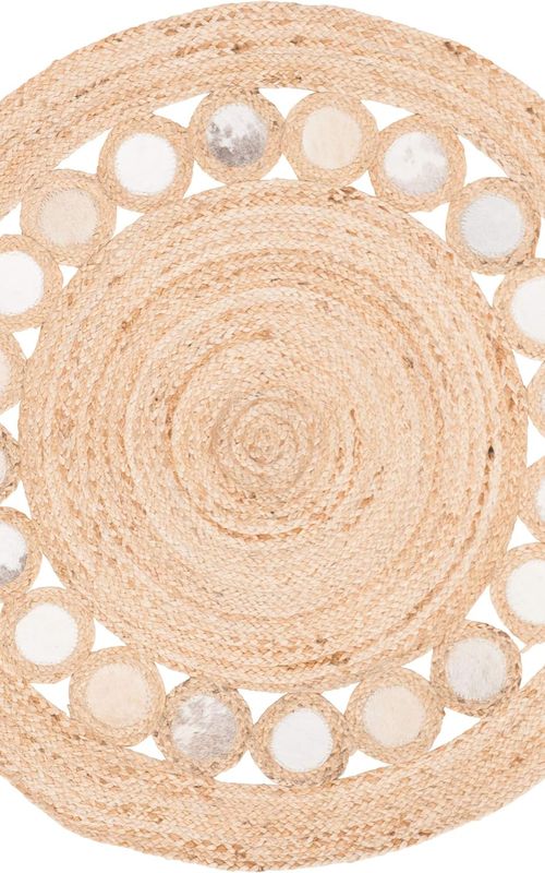 Handmade Round Jute Rug with White Tikki Border | Natural Boho Floor Rug