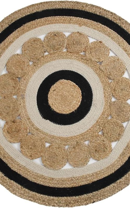 Round Jute Rug with Black & White Pattern | Handmade Designer Area Rug