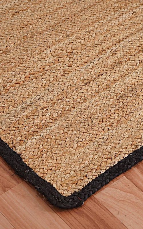 Natural Jute Rug with Black Stripes & Border | Handwoven Modern Carpet