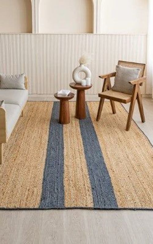 Handmade Braided Natural Jute Inner Two Blue Strip Eco Friendly Floor Area Runner Rug