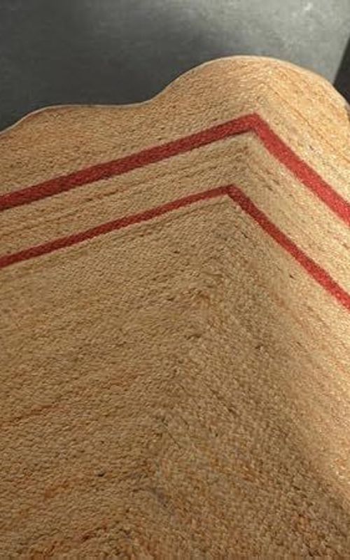 Scalloped Rectangle Jute Rug with Red Border Lines | Handmade Natural Area & Runner Carpet