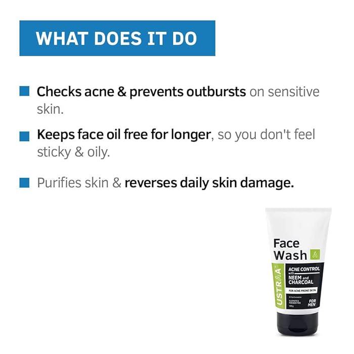 USTRA Face Wash Acne Control with Neem and Charcoal for Acne Prone Skin 100g