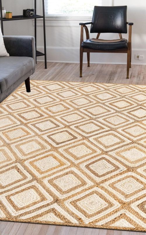 Rectangle Geometric Jute Rug in Ivory & Natural | Modern Handwoven Area Carpet