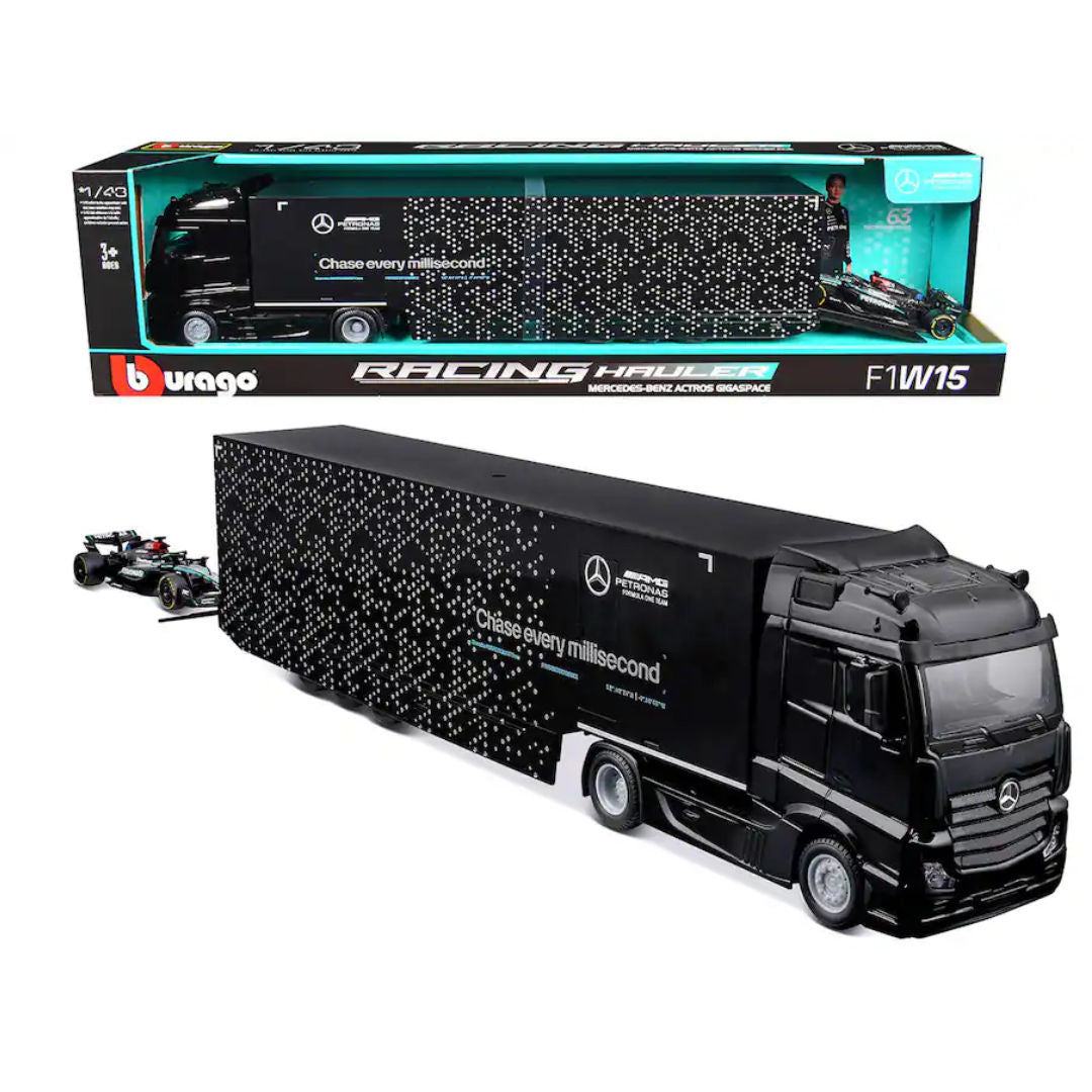 Bburago Mercedes-Benz Actros Gigaspace Racing Hauler With F1W15, Die-Cast Car, 1:43, Black