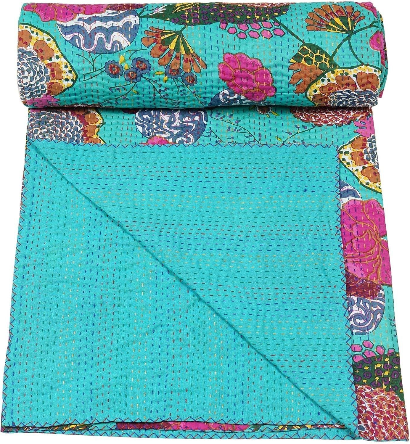 Sea Green Kantha Quilt – Handmade Floral Cotton Bedspread | Boho Vintage Blanket